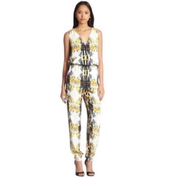 Rebecca Minkoff 100% Silk Yellow Mara Printed Jumpsuit Size 4 - Picture 1 of 11